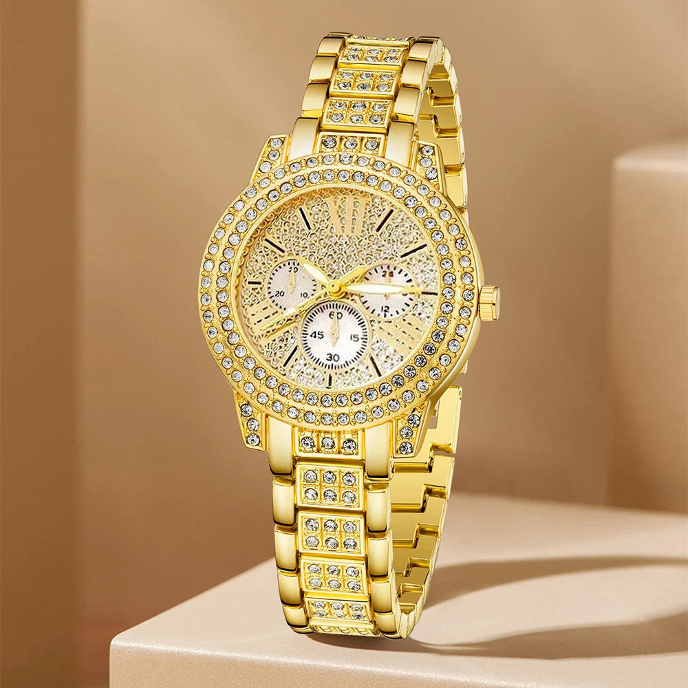 Women’s Quartz Watch & Jewelry Set – Gold Rhinestone Necklace, Ring & Earrings Luxury Fashion Wristwatch