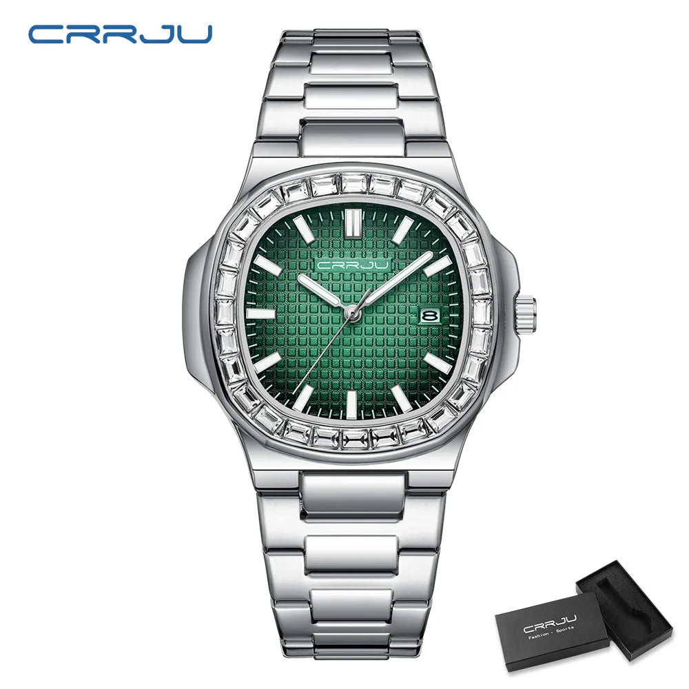 CRRJU Luxury Men’s Stainless Steel Quartz Watch – High-Quality Fashion Wristwatch with Calendar Display