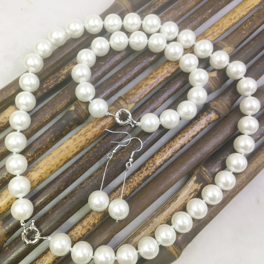 12mm White Sea Shell Pearl Jewelry Set – Necklace, Bracelet & Earrings with Natural Stone Beads for Women