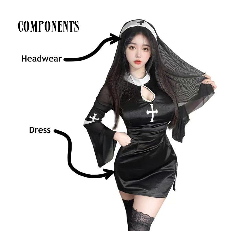 Women’s Gothic Nun Cosplay Costume – Halloween Party & Performance Dress Inspired by Horror Movie Style