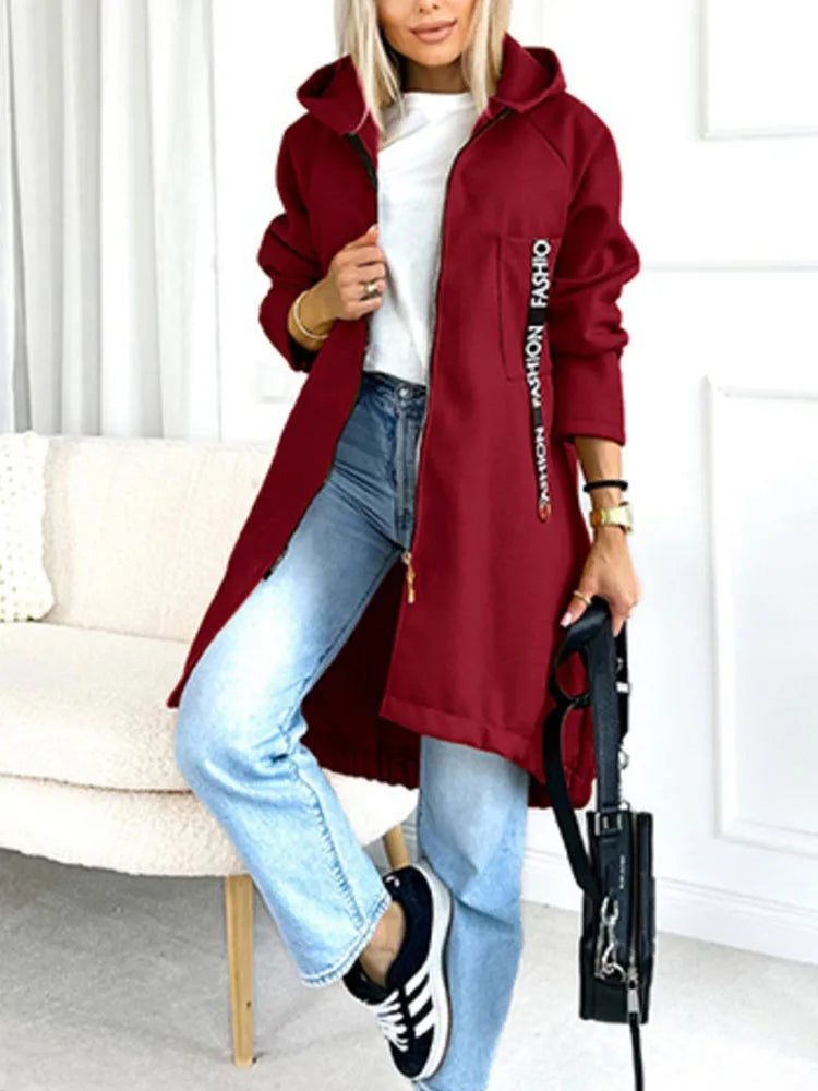 Women’s Casual Letter Printed Long Hoodie Jacket – Zipper Overcoat for Autumn & Winter | Sporty Streetwear Outerwear