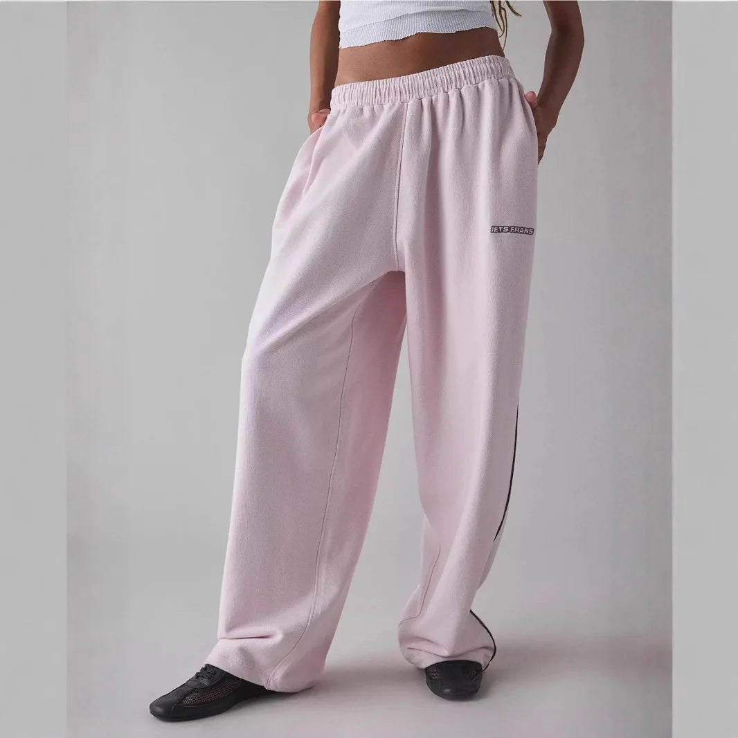 Women’s Pink Embroidered Casual Pants – Loose Straight-Leg Trousers with Elastic Waist | 2025 New Fashion