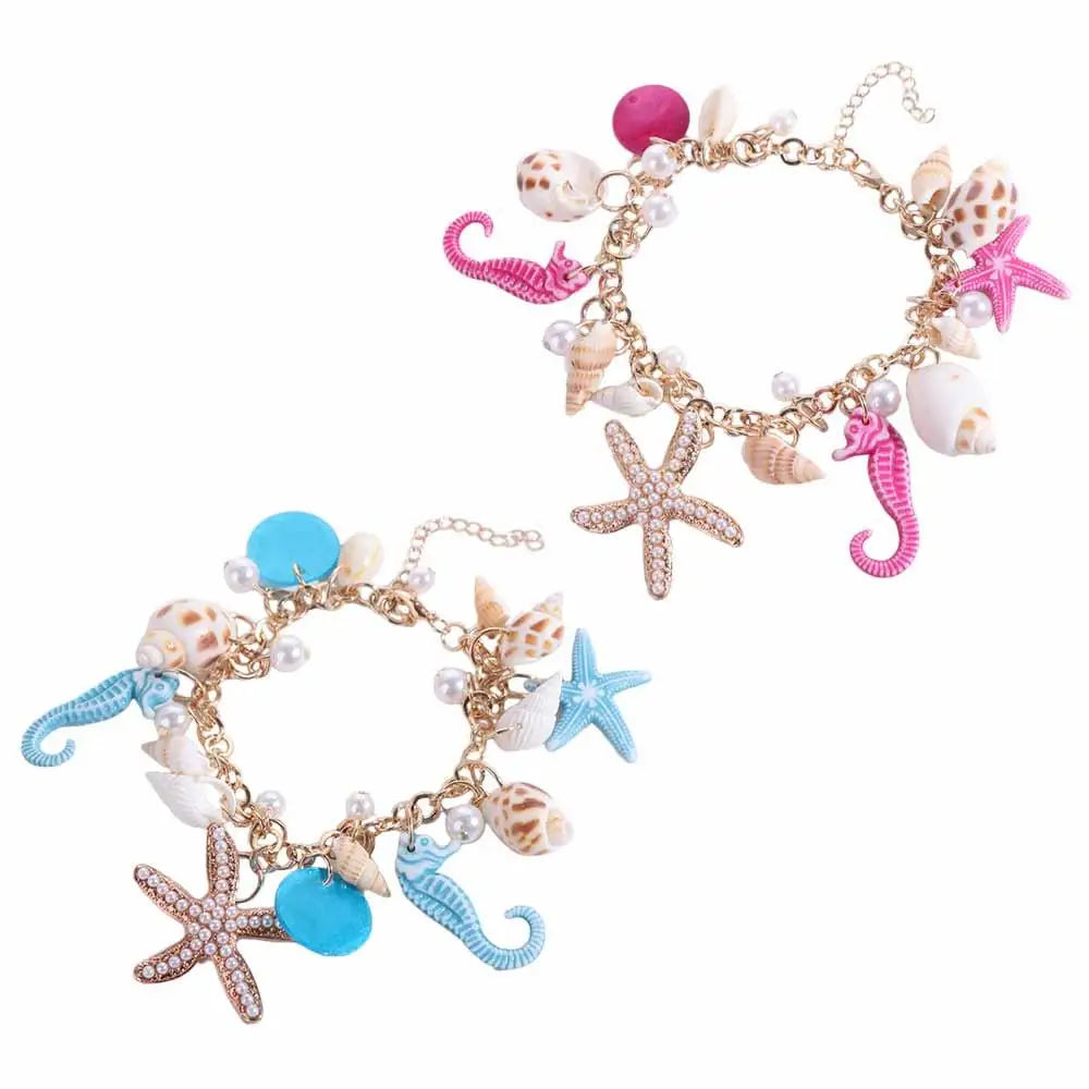 Bohemian Sea Shell & Starfish Bracelet – Imitation Pearl Beaded Adjustable Beach Jewelry for Women
