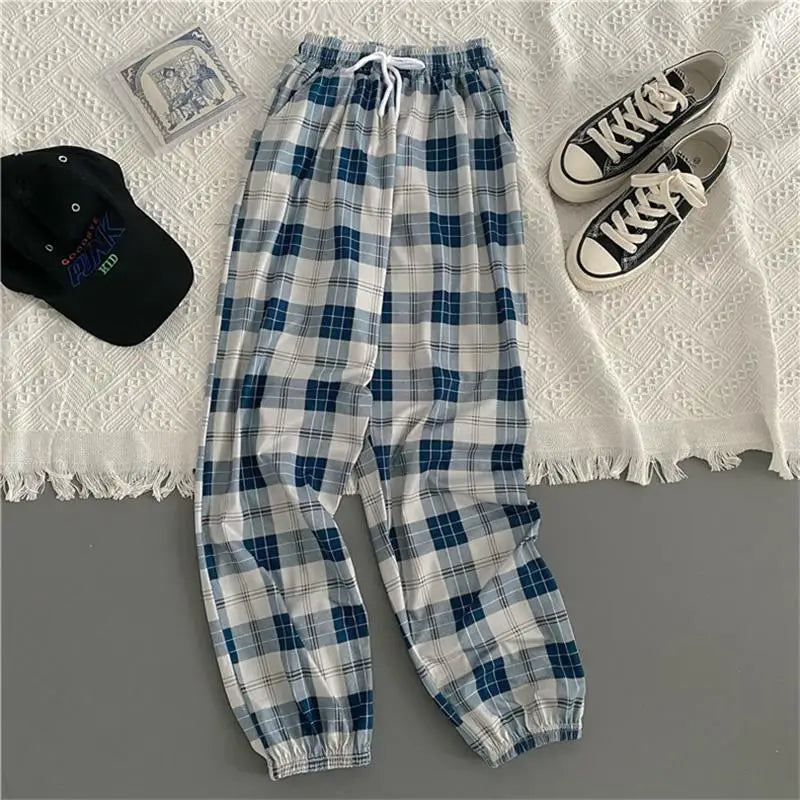 Women’s Korean Plaid Casual Pants – Loose Harajuku Harem Trousers | Summer Streetwear Fashion for Students