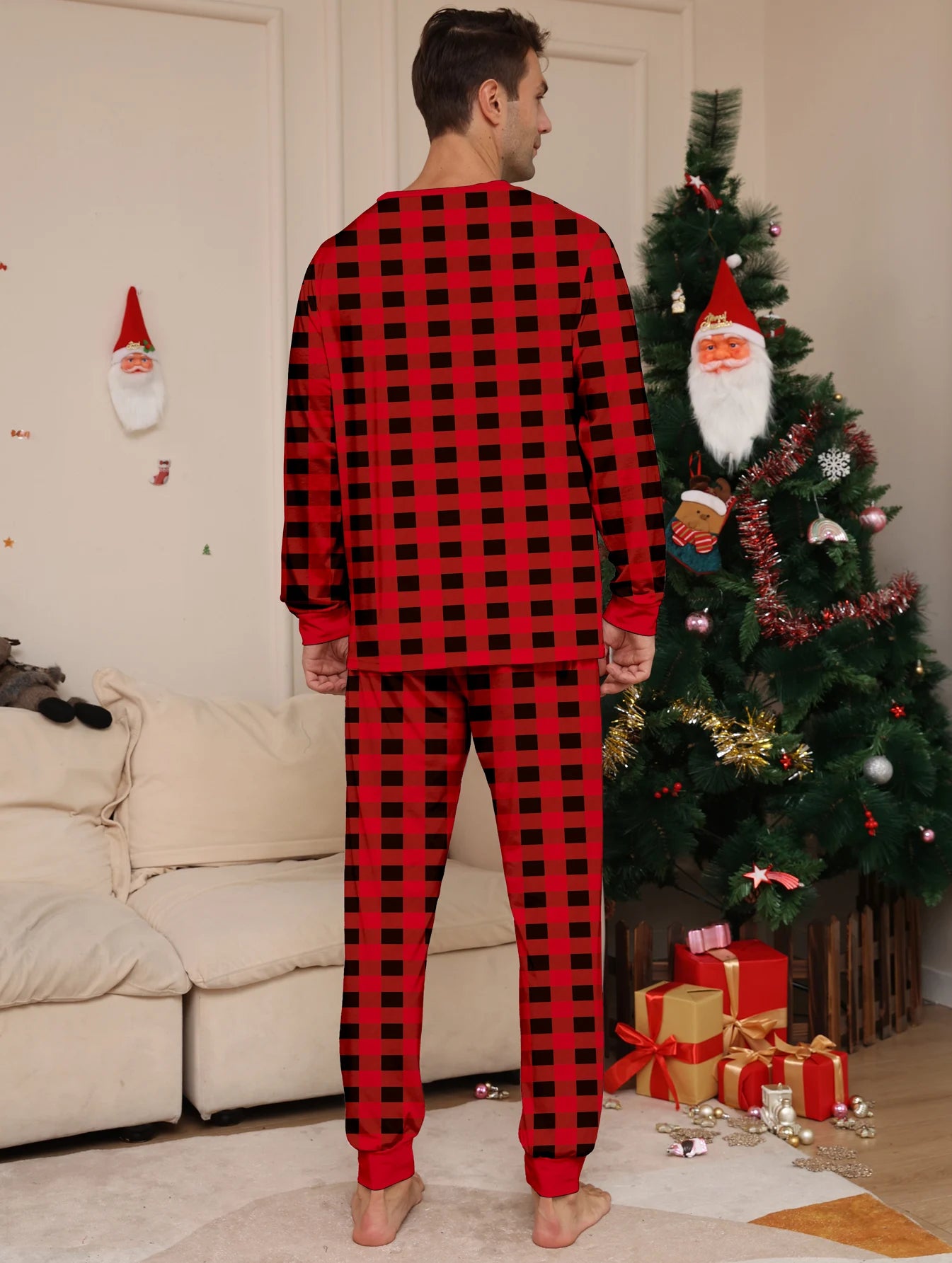 Couple Matching Christmas Pajamas Set – Long Sleeve Red & Black Buffalo Plaid Sleepwear