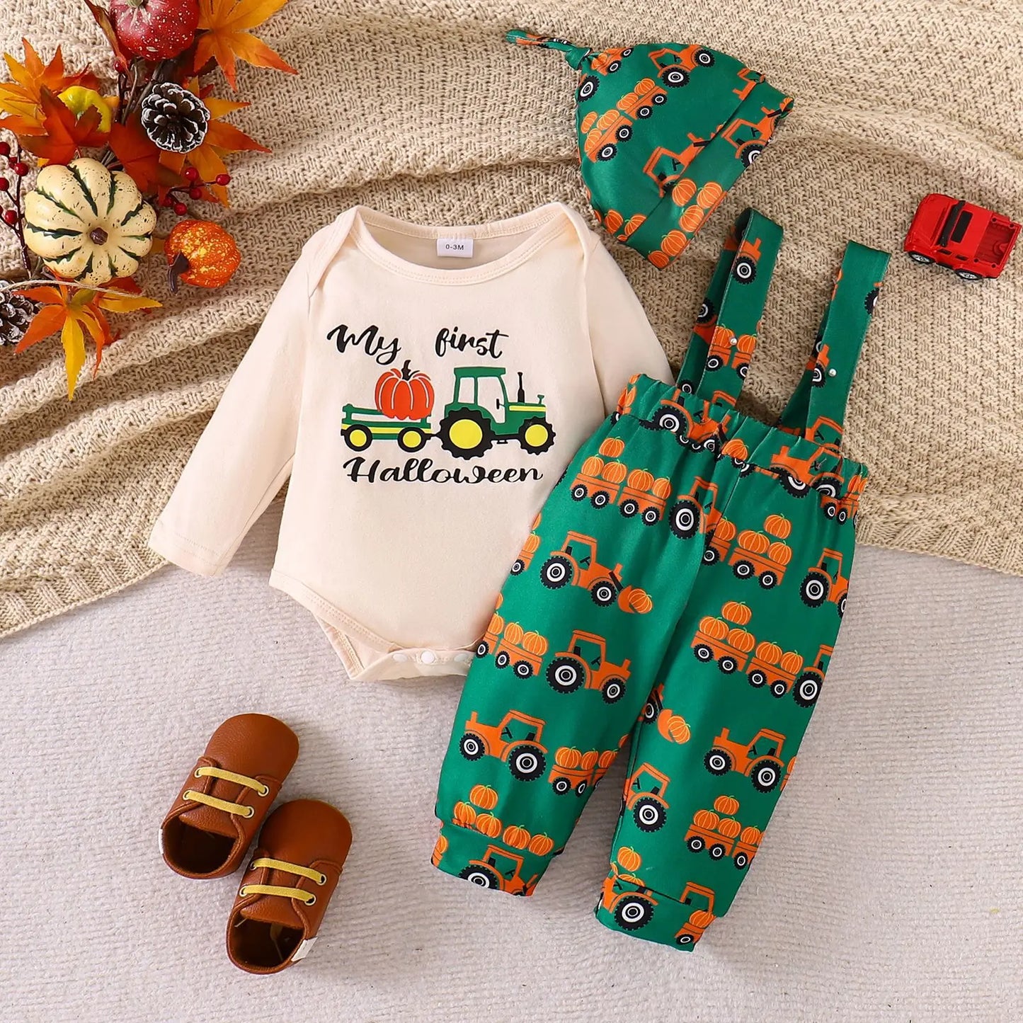 Ceeniu My First Halloween Baby Outfit – Boys Long Sleeve Letter Romper with Suspender Pants & Hat, Newborn Costume