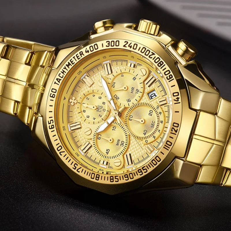 WWOOR Men’s Luxury Gold Chronograph Watch – Big Dial Waterproof Quartz Wristwatch