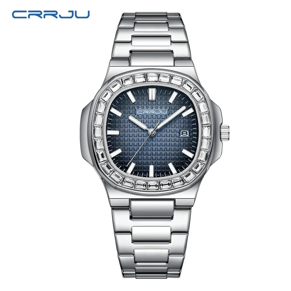 CRRJU Luxury Men’s Stainless Steel Quartz Watch – High-Quality Fashion Wristwatch with Calendar Display