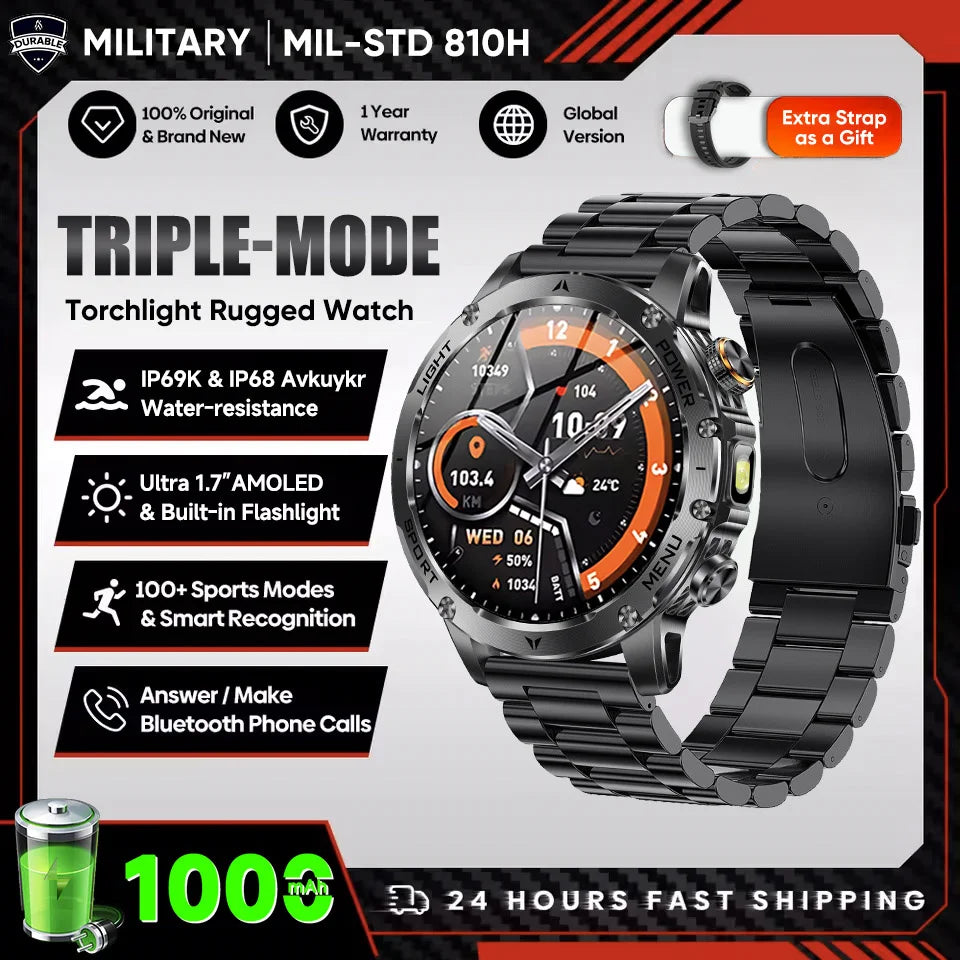2025 T-Rex 3 Smart Watch – 1.75” HD Large Screen Military Sport Smartwatch with Dual-Band GNSS, Compass & IP68 Waterproof Rating