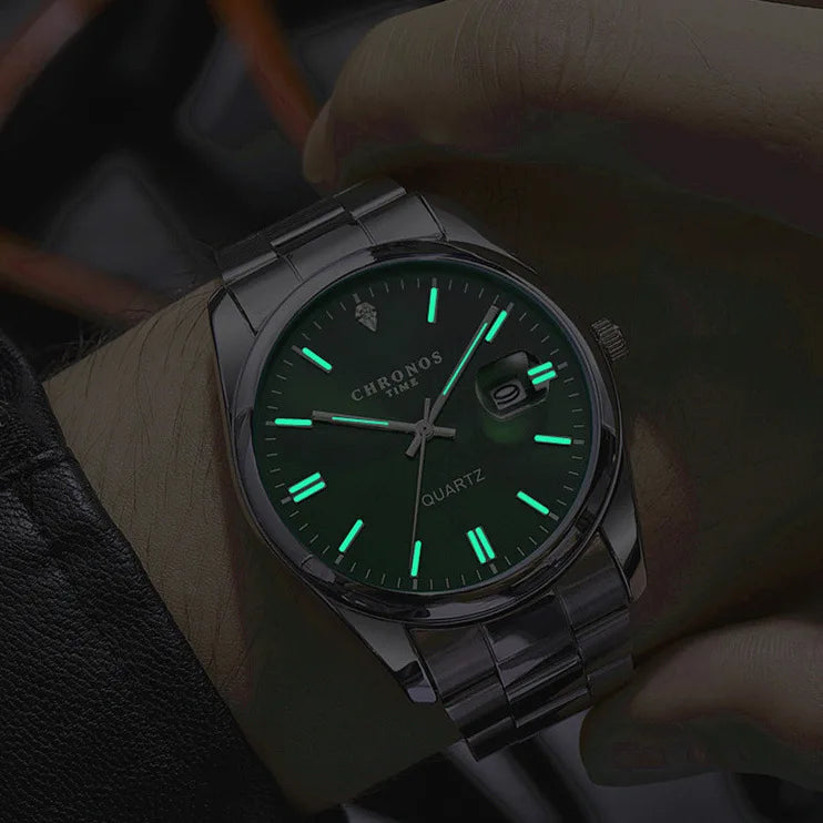 CHRONOS Luxury Men’s Stainless Steel Quartz Watch – Waterproof Luminous Date Wristwatch