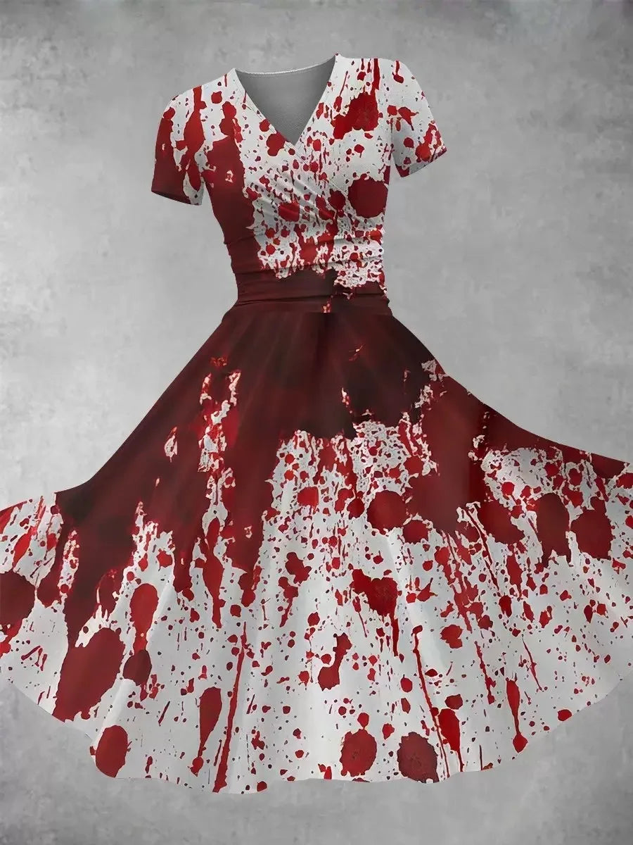 2025 Halloween Women’s Cosplay Dress – Retro Funny Horror Theme Bloody Printed Suspender Strappy Dress, Witch Costume