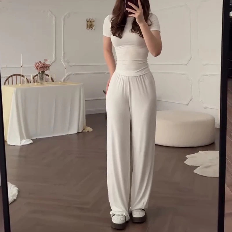 Women’s Casual 2-Piece Set – O-Neck Short Sleeve Top & Elastic Waist Trousers | Spring Summer Loungewear Outfit 2025