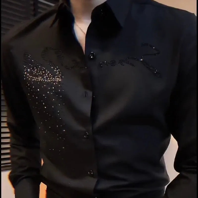 Spring Autumn Men’s Korean Fashion Rhinestone Button-Up Shirt