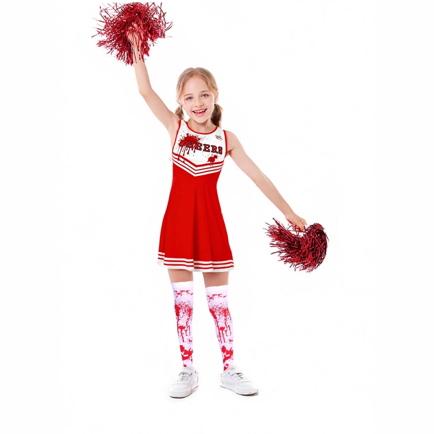2025 Halloween Kids Costume – Scary Blood Cosplay Cheerleader Dress with Hand Flower Props for Girls
