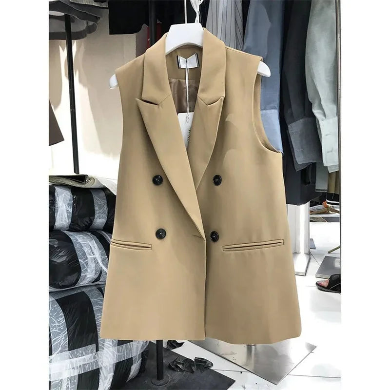 Women’s Sleeveless Black Blazer Vest – Peak Lapel Oversize Suit Coat | 2025 Elegant Korean OL Style Fashion Blazer