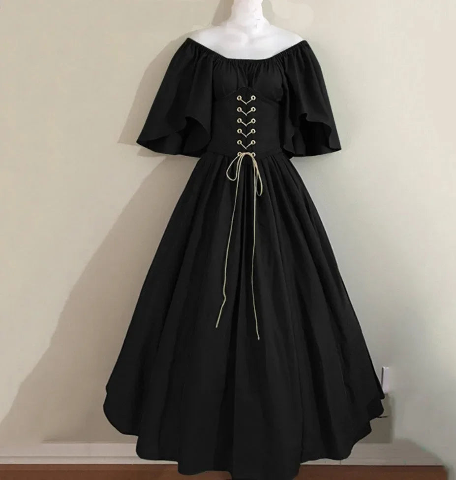2025 Halloween Women’s Medieval Cosplay Costume – Retro Slim Swing One-Shoulder Dress for Love Live & Party