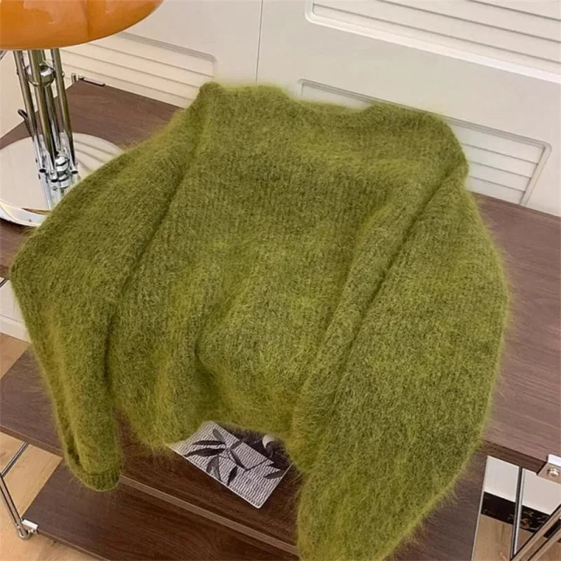 Women’s Soft Knitted Sweater – Casual Green O-Neck Long Sleeve Loose Pullover Top