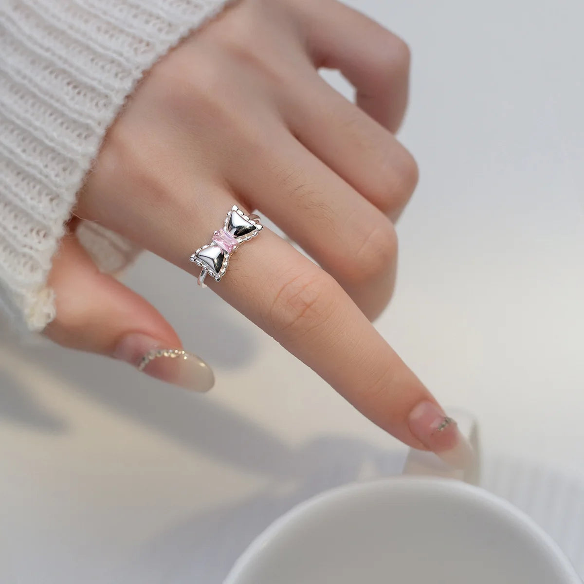 925 Sterling Silver Adjustable Bow Ring – Pink Zircon Wedding Jewelry for Women & Fashion Accessories