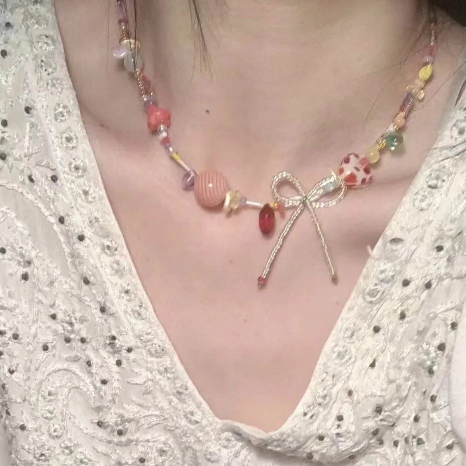 Harajuku Y2K Colorful Beaded Bow Pendant Necklace – Aesthetic Acrylic Jewelry for Women & Party Wear