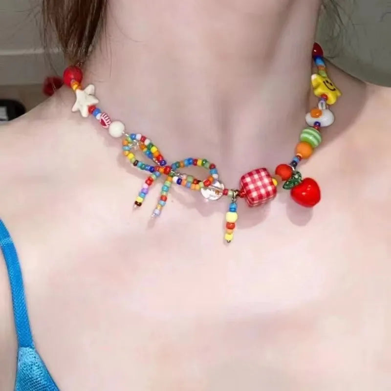 Harajuku Y2K Colorful Beaded Bow Pendant Necklace – Aesthetic Acrylic Jewelry for Women & Party Wear