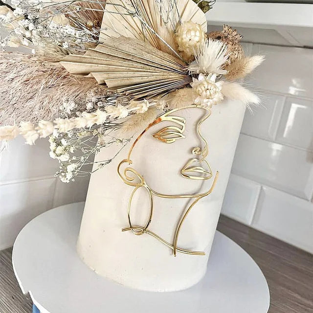 Abstract Minimalist Line Acrylic Gold Cake Topper – Character Art Decoration for Women’s Birthday Party
