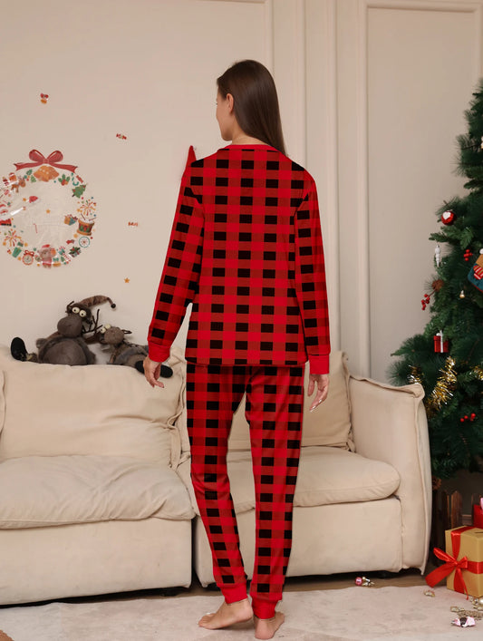 Couple Matching Christmas Pajamas Set – Long Sleeve Red & Black Buffalo Plaid Sleepwear