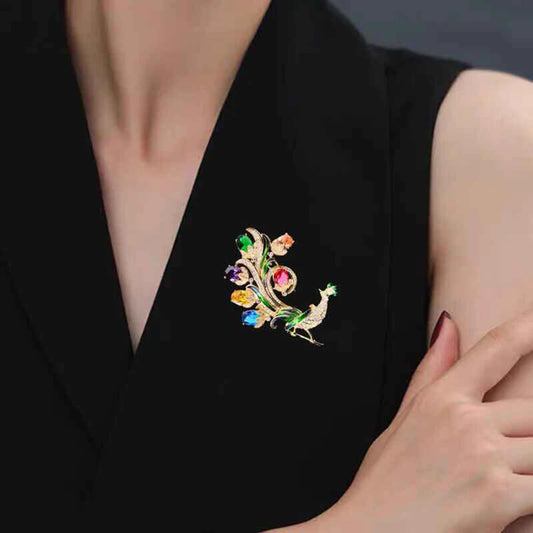 Luxury Multicolor Peacock Brooch โ Elegant Zircon Crystal Pin Jewelry Gift for Women