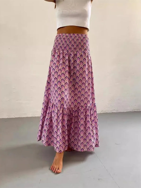 Women’s Boho Maxi Skirt – Vintage Floral Print Elastic Waist Beach Skirt for Spring & Summer