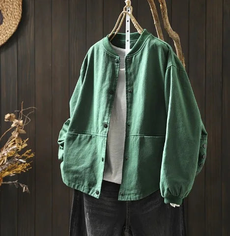 Women’s Casual Cotton Coat – 2025 Autumn Solid Color Loose Short Jacket with Double Pockets | Simple Everyday Style (T647)