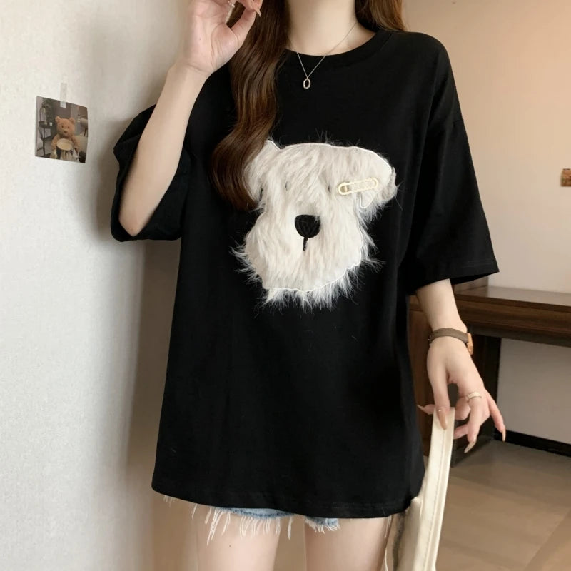 Cute 3D Plush Puppy Women’s T-Shirt – Summer Loose Cotton Half-Sleeve Top, Lazy Style Casual Tee