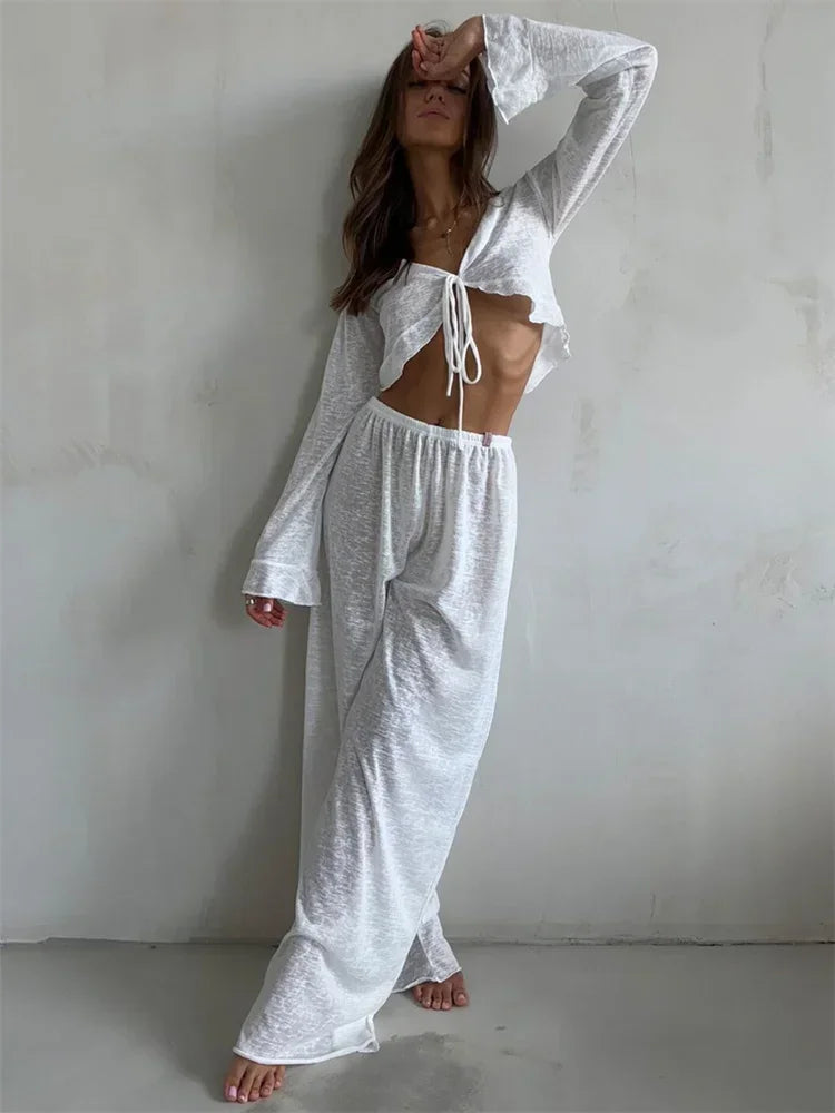 Women’s 2-Piece Fashion Set – V-Neck Lace-Up Long Sleeve Top & High-Waist Trousers | Casual Chic Outfit