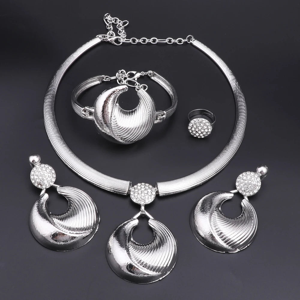 Dubai Silver Plated Luxury Jewelry Set – Women’s Necklace, Earrings, Bracelet & Ring for Wedding and Party