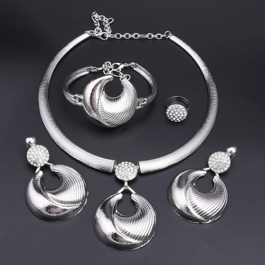 Dubai Silver Plated Luxury Jewelry Set โ Womenโs Necklace, Earrings, Bracelet & Ring for Wedding and Party