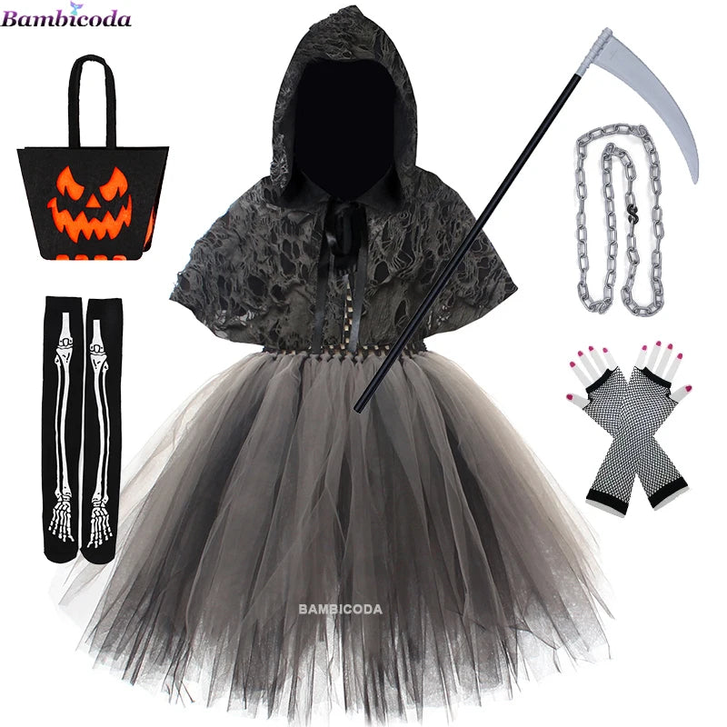 2025 Halloween Girls Demon & Death Costume – Medieval Hooded Cloak for Horror Cosplay and Party Fancy DressHalloween, Girls Costume, Demon Costume, Death Costume, Horror Costume
