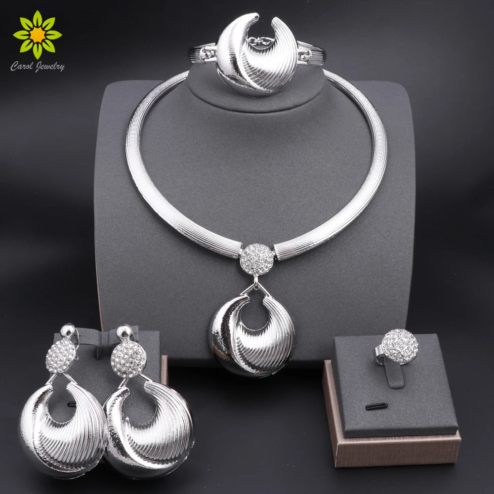 Dubai Silver Plated Luxury Jewelry Set – Women’s Necklace, Earrings, Bracelet & Ring for Wedding and Party