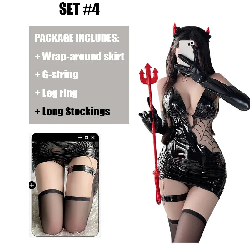 2025 Halloween Sexy Witch Lingerie Costume – Seductive Spider PU Faux Leather Bodycon Dress with Stockings for Women Cosplay