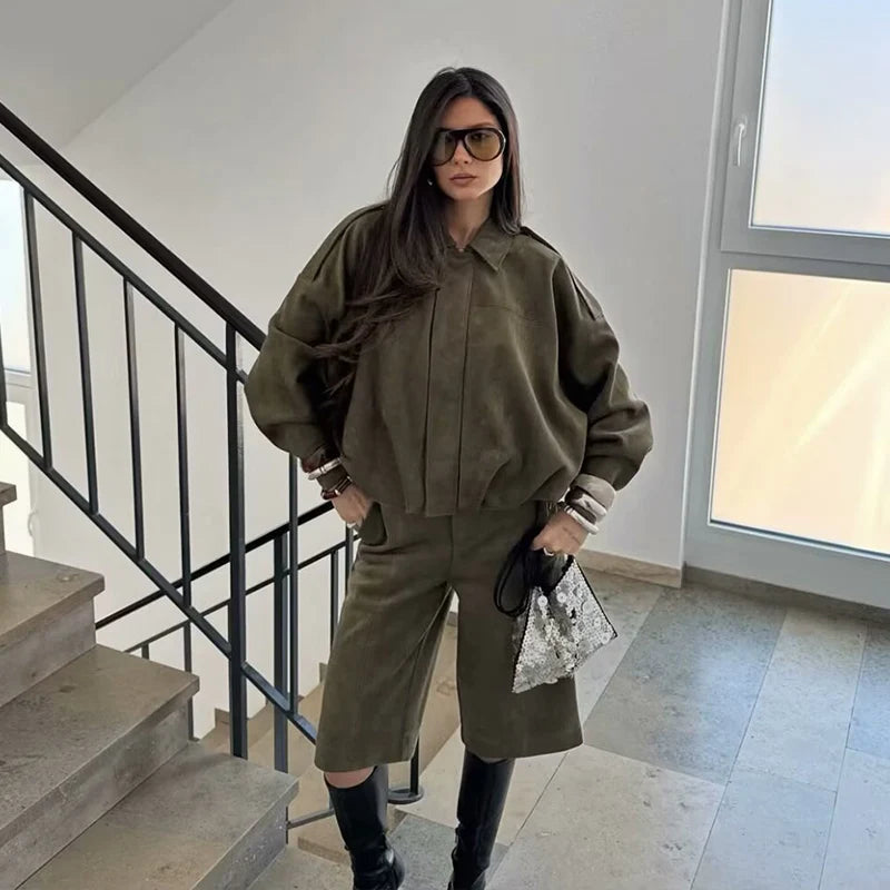 Women’s High-Waisted Casual Shorts & Long Sleeve Jacket Set – Fashion Two-Piece Outfit for Spring & Autumn
