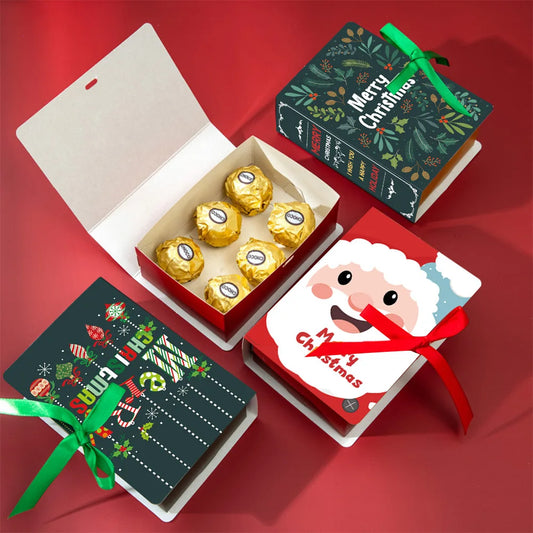 12Pcs Book-Shaped Christmas Treat Boxes – Merry Christmas Paper Gift Boxes for Candy, Cookies & Holiday Wrapping