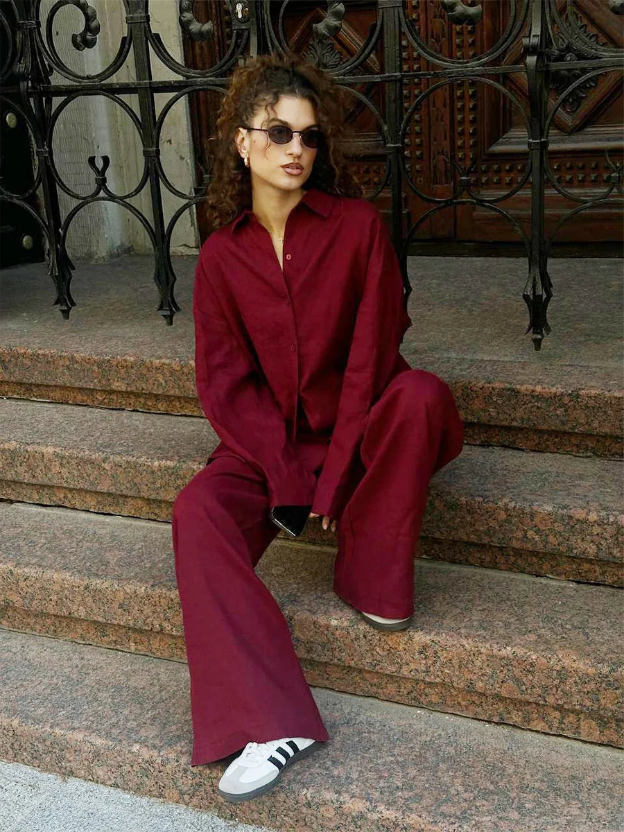 Women’s Casual Cozy Lapel Pink Shirt & Pants Set – Fashion Single-Breasted Blouse with Elastic Waist Trousers | 2025 Spring Loose Outfit
