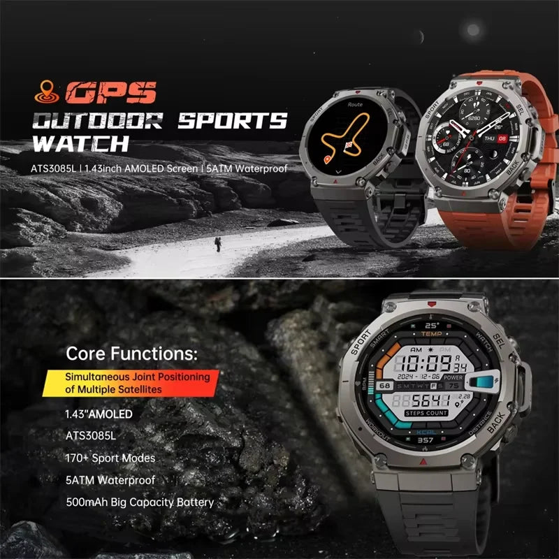 T-Rex 3 GPS Smart Watch – AMOLED Touch Screen 5ATM Waterproof Outdoor Fitness Smartwatch with Compass for Men (Compatible with Xiaomi)