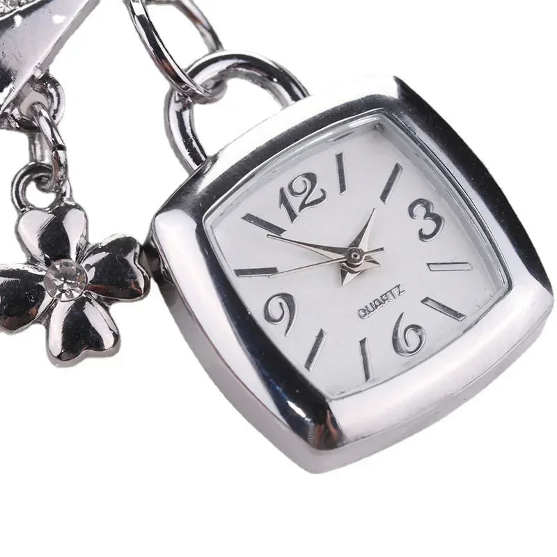 Women’s Rhinestone Chain Bracelet Watch – Letter Design Flower Pendant Dress Wristwatch Gift Zegarek Damski