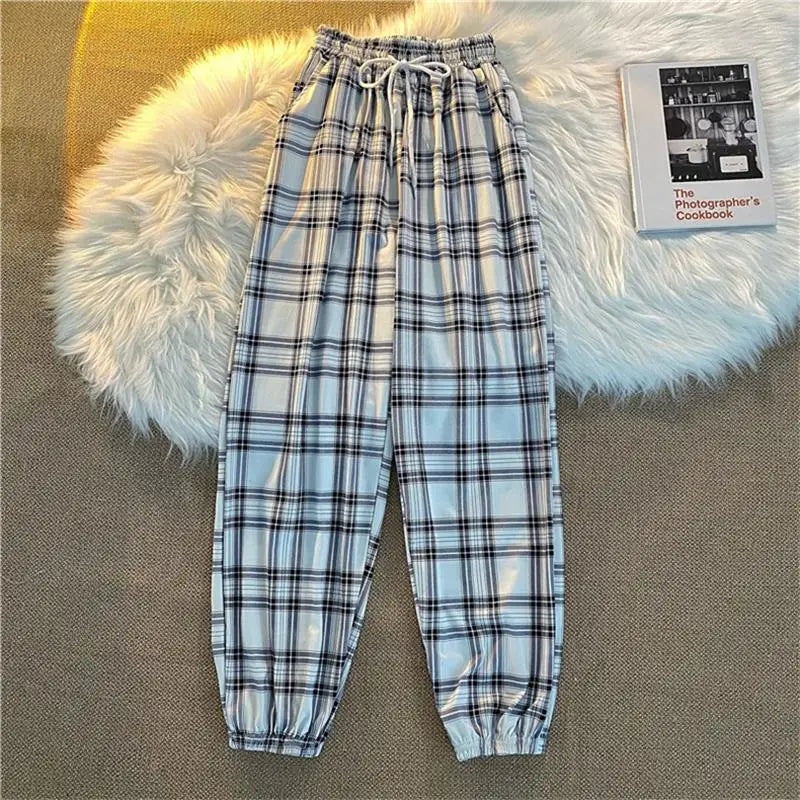 Women’s Korean Plaid Casual Pants – Loose Harajuku Harem Trousers | Summer Streetwear Fashion for Students