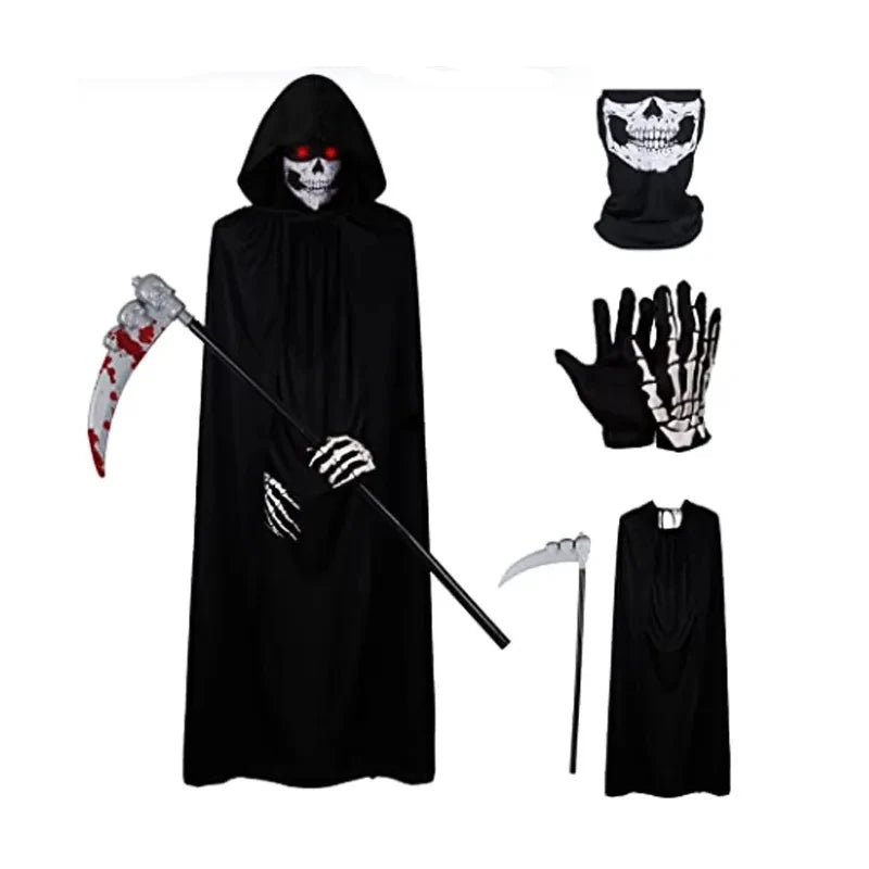 2025 Halloween Grim Reaper Cosplay Costume – Terrifying Skeleton Outfit for Kids & Adults with Ghost Robe and Sickle