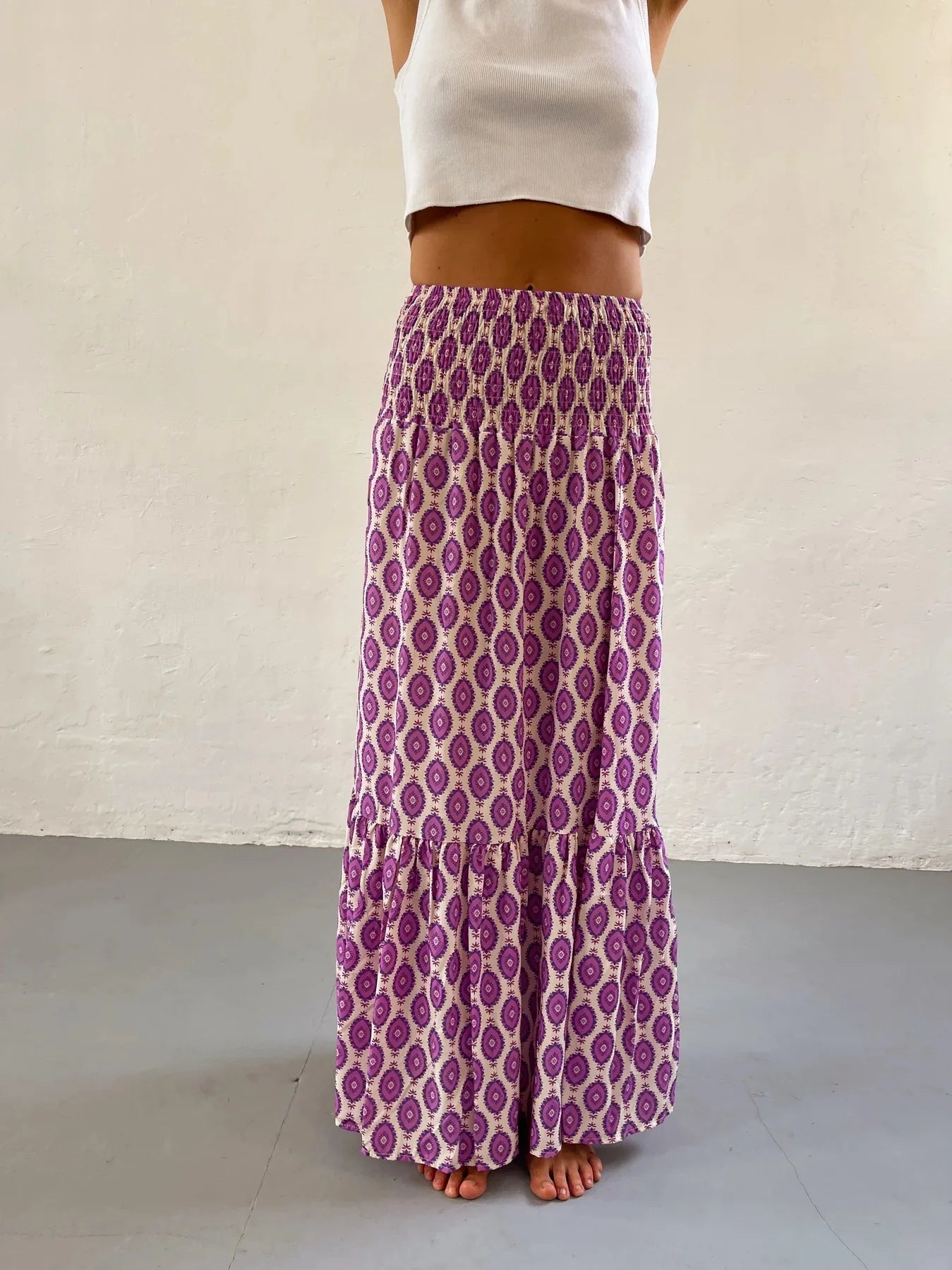 Women’s Boho Maxi Skirt – Vintage Floral Print Elastic Waist Beach Skirt for Spring & Summer