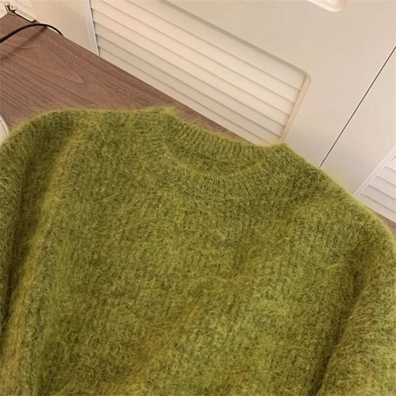 Women’s Soft Knitted Sweater – Casual Green O-Neck Long Sleeve Loose Pullover Top