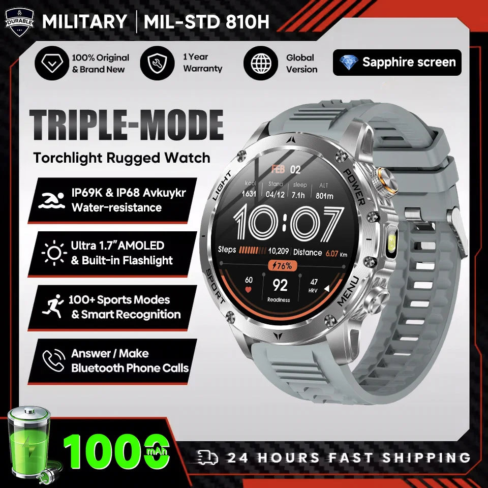 2025 T-Rex 3 Smart Watch – 1.75” HD Large Screen Military Sport Smartwatch with Dual-Band GNSS, Compass & IP68 Waterproof Rating
