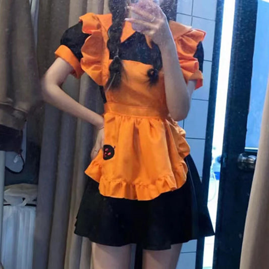 2025 Halloween Women’s Cosplay Costume – Anime Pumpkin Maid Embroidered Dress for Restaurant, Birthday & Party