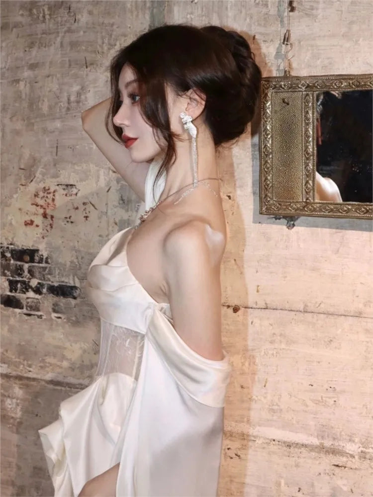 2025 Adult Ceremony Dress – Light Luxury White Satin Tube Top Gown for Toast & Special Occasions