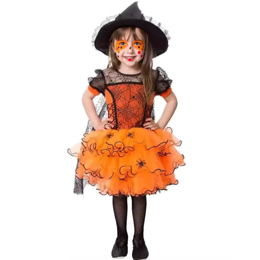 2–7Y Halloween Witch Cosplay Dress – Cute Spider Mesh Cape Outfit for Baby & Kids, Carnival Party Costume