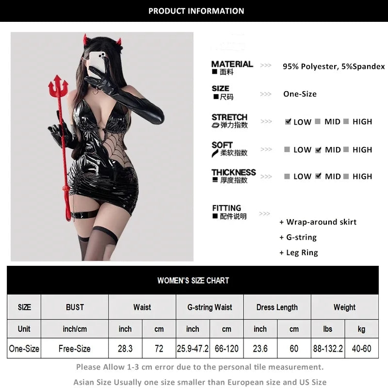 2025 Halloween Sexy Witch Lingerie Costume – Seductive Spider PU Faux Leather Bodycon Dress with Stockings for Women Cosplay